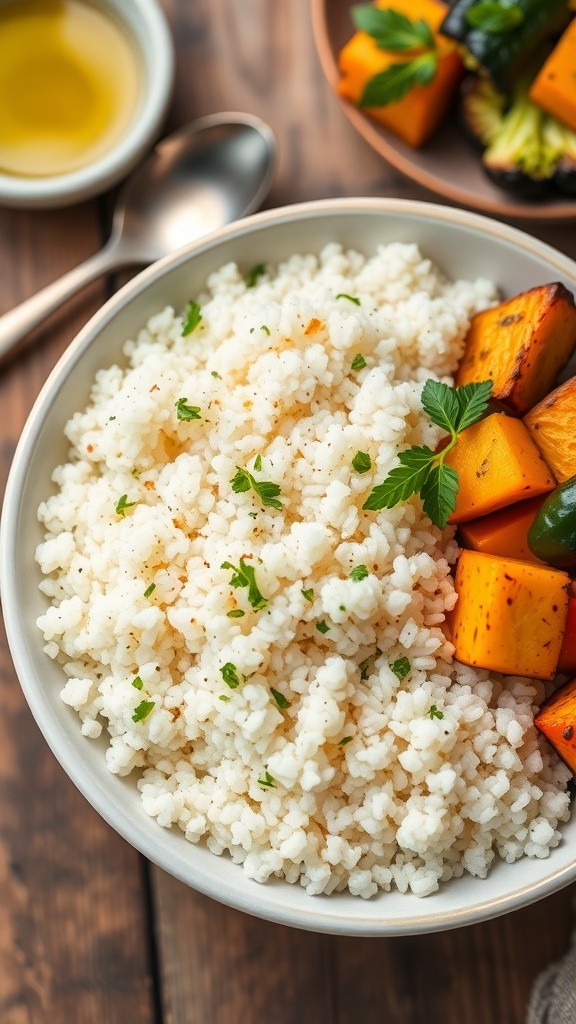 A bowl of fluffy white quinoa with herbs and roasted vegetables on a rustic wooden table.